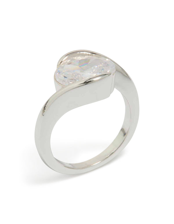 Featuring a statement silver plated cubic zirconia large round swivel ring front view