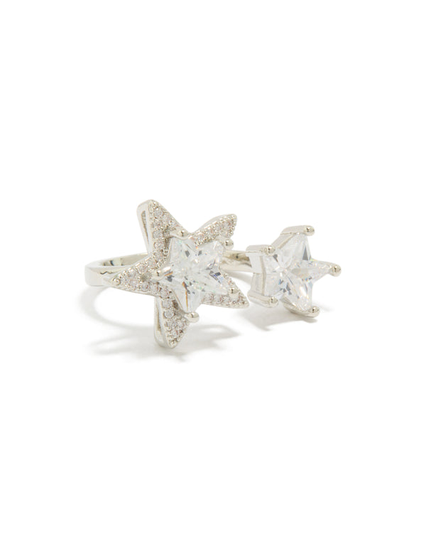 Showcasing a silver cubic zirconia statement celestial stars ring with clear accents front view