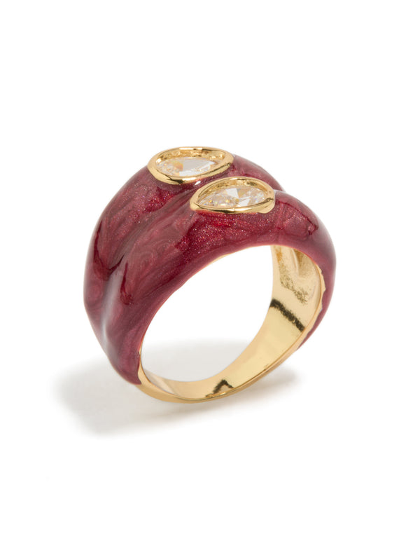 Showcasing a gold plated red enamel double cubic zirconia ring in maroon and clear side detail view