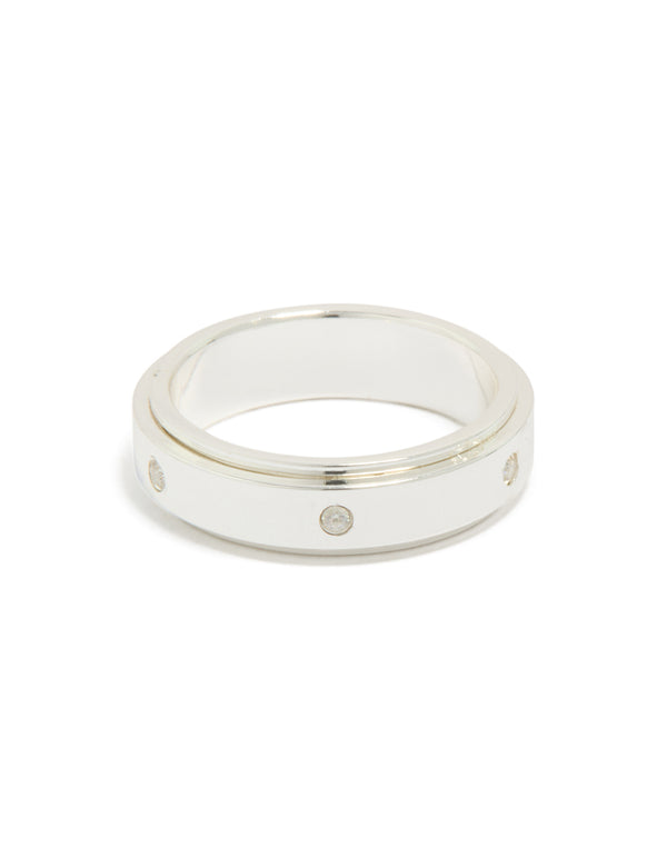 Crafted from waterproof cubic zirconia stainless steel spinner ring in silver with clear accents front view