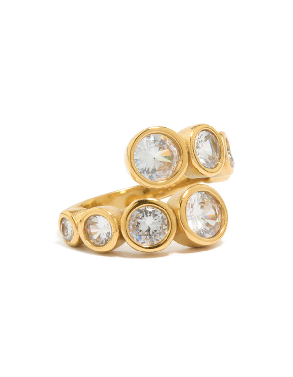 Showcasing a waterproof bezel wrap ring crafted from stainless steel in gold featuring cubic zirconia stones front view