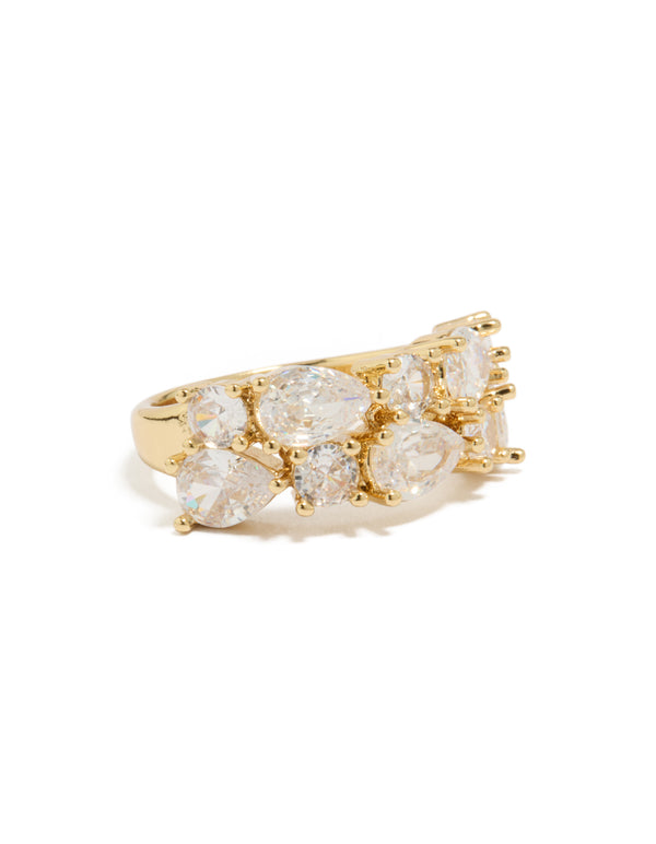 Showcasing a gold plated pear cubic zirconia band ring in statement style front view