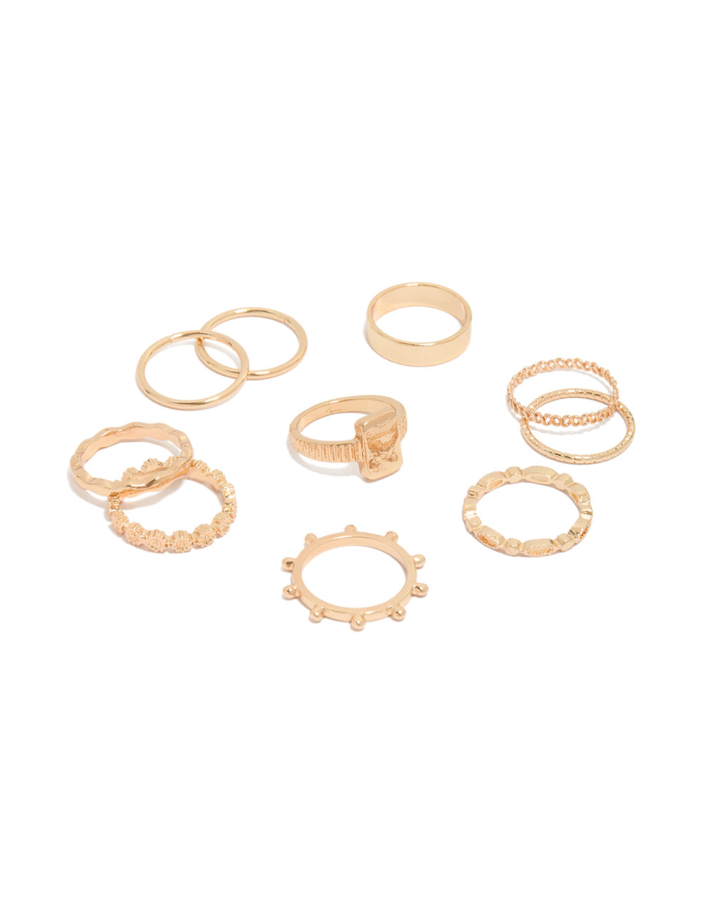 Showcasing a gold mixed textured signet rings 10-pack featuring beaded, oval and chunky styling front view