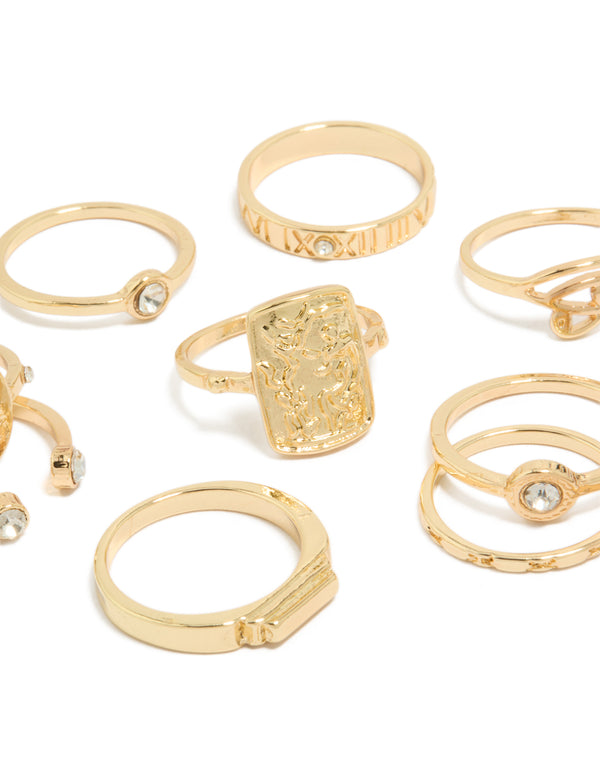 Featuring gold Roman numeral and diamante rings in a dainty 9-pack disc details close up view