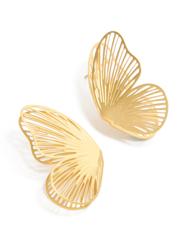 Showcasing waterproof laser cut butterfly stud earrings in gold plated stainless steel front view