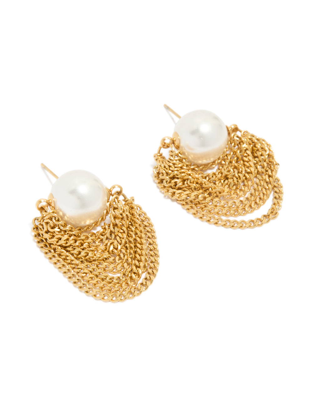 Showcasing waterproof gold plated stainless steel pearl chain stud earrings front view