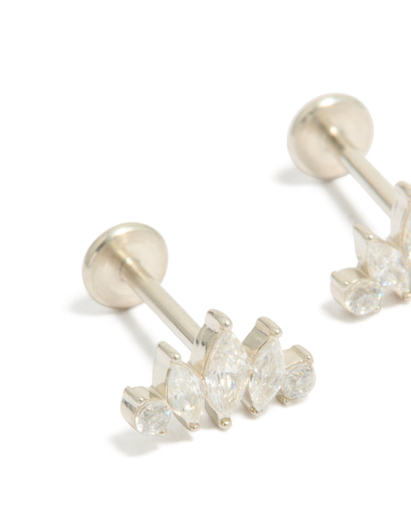 Detailed waterproof stainless steel cubic zirconia marquise fan flat back studs featuring gold plated finish in silver and clear close up view