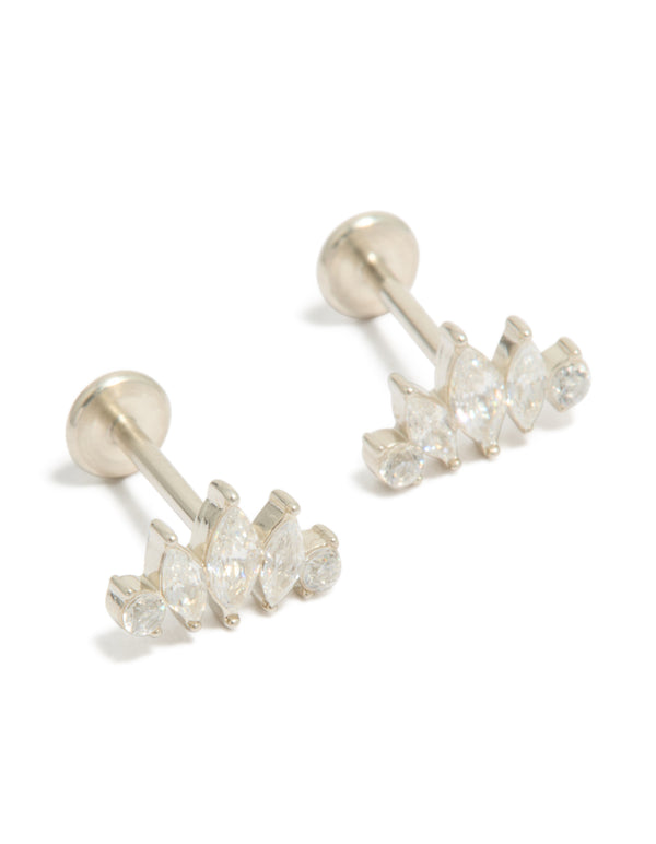 Waterproof stainless steel cubic zirconia marquise fan flat back studs featuring gold plated finish in silver and clear front view