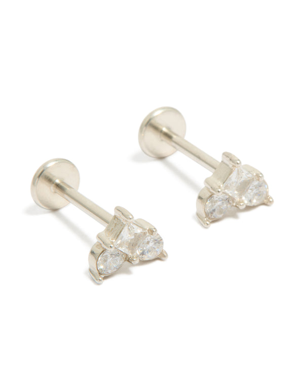 Showcasing heart shaped waterproof stainless steel studs with cubic zirconia stones and flat back closure front view