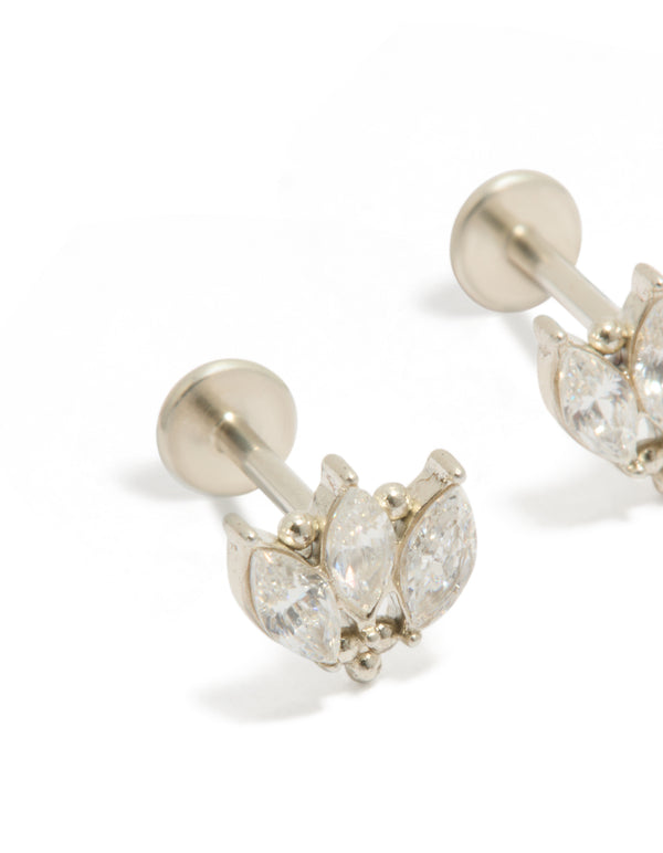 Highlighting waterproof stainless steel triple marquise cubic zirconia flat back studs in silver and clear stone close up view