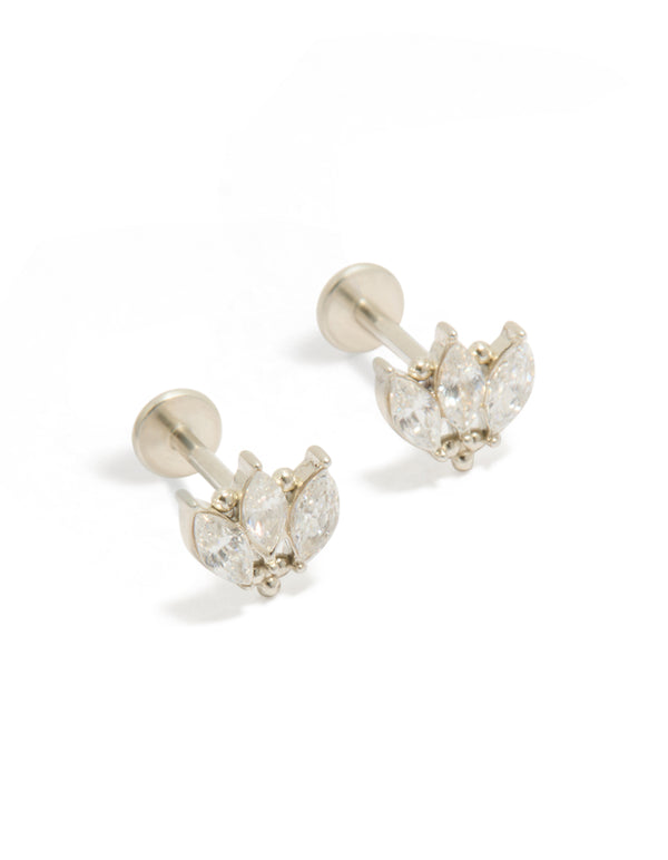 Showcasing waterproof stainless steel triple marquise cubic zirconia flat back studs with silver and white tones front view