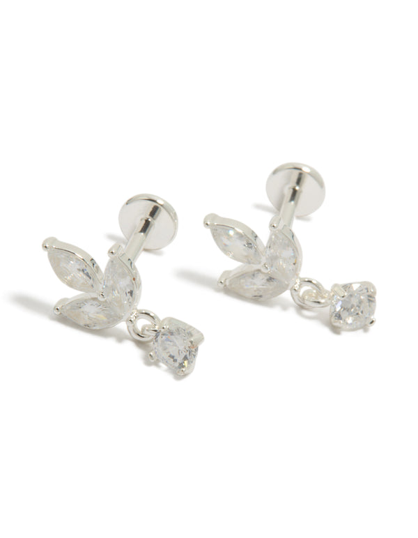 Crafted from waterproof stainless steel flower cubic zirconia flat back studs featuring floral and leaf details in dainty silver and white front view