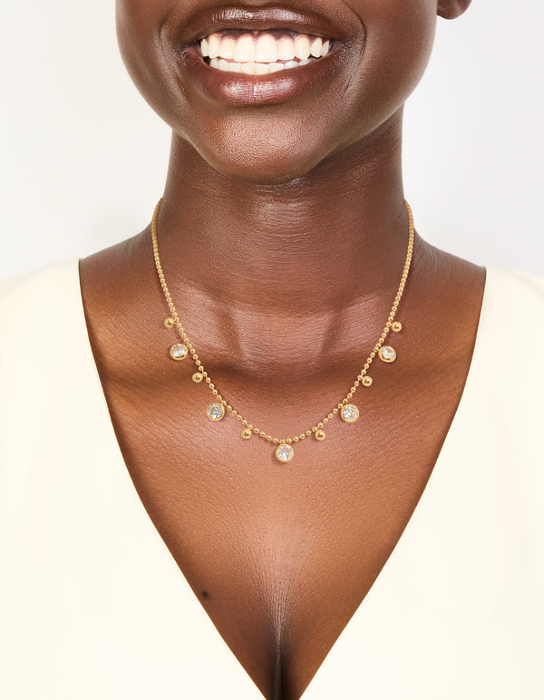 Waterproof Gold Plated Stainless Steel Bezel Set Cubic Zirconia & Balls Chain Necklace