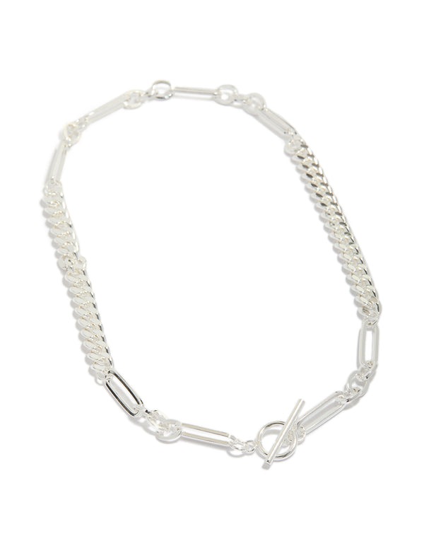 Displaying a waterproof stainless steel long curb chain toggle necklace crafted from silver plated material in statement style front view
