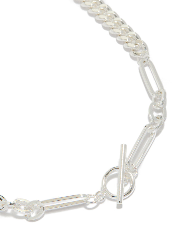 Showcasing a waterproof stainless steel long curb chain toggle necklace crafted from silver plated material in statement style close up view