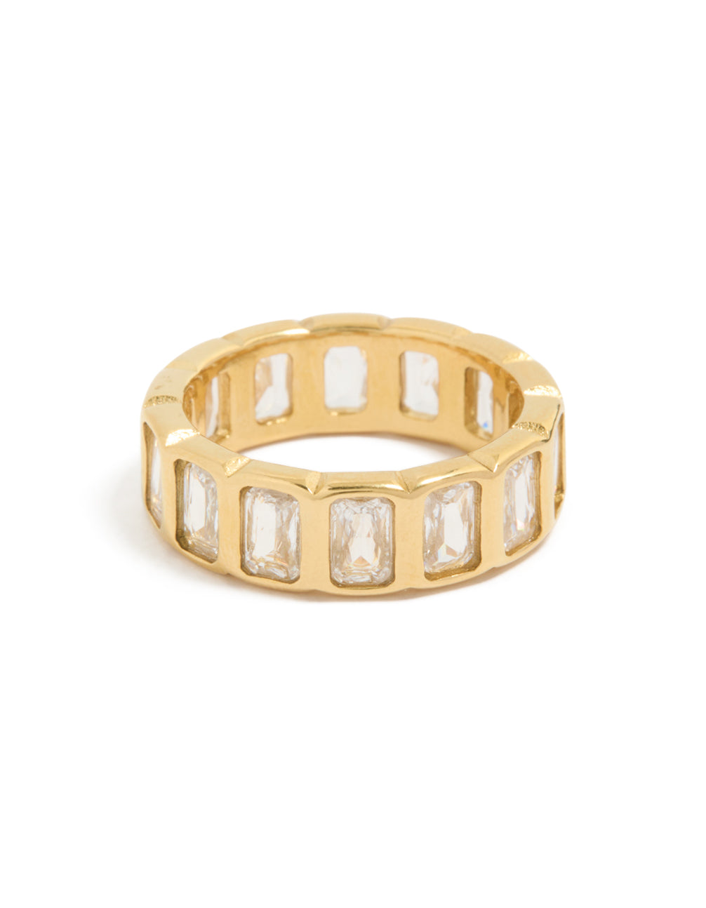 Discover this waterproof gold plated stainless steel cubic zirconia band ring front view