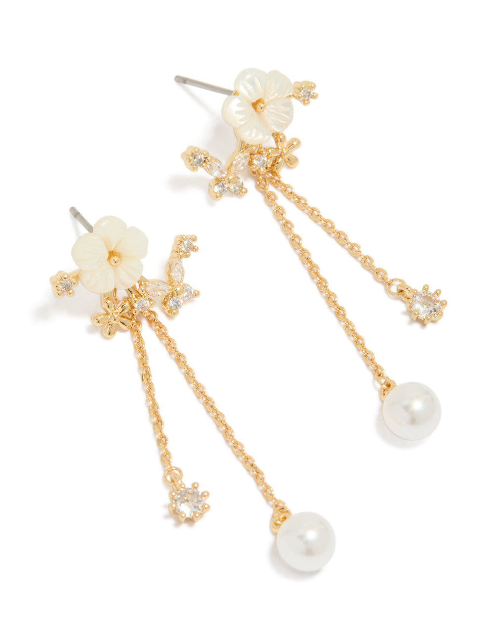 Beautifully crafted gold plated cubic zirconia flower pearl drop earrings featuring charm front view