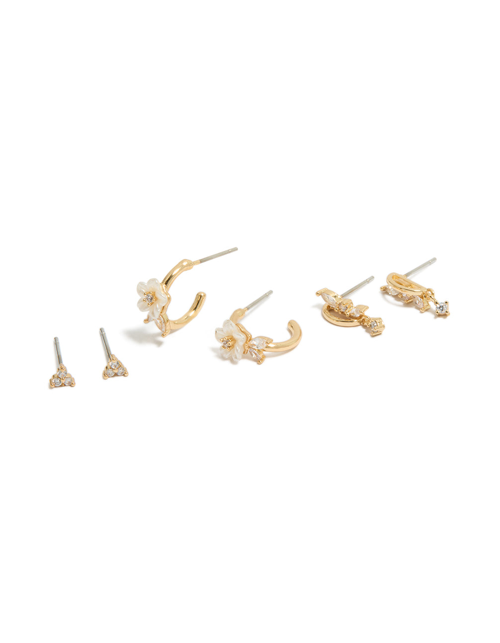Showcasing dainty huggie earrings with butterfly and floral details, crafted from gold plated crystal cubic zirconia in a 3-pack front view