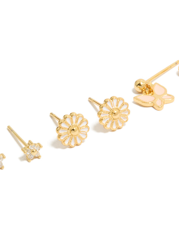 Beautifully designed daisy butterfly stud earrings featuring gold plated enamel with cubic zirconia crystals in a 3-pack close up view