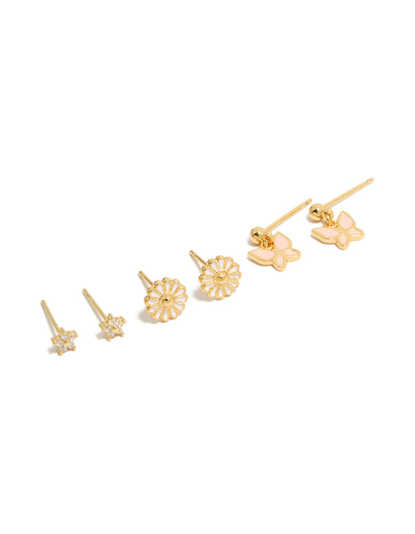 Discover butterfly and floral earrings crafted from gold plated enamel with cubic zirconia crystals in a 3-pack front view