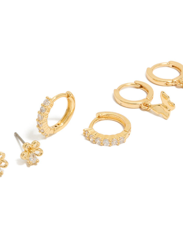 Gold Plated Cubic Zirconia Bow & Butterfly Huggie Earrings 3-Pack