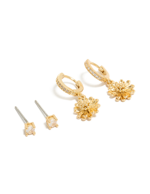 Discover this gold plated cubic zirconia studs and sunflower huggie earrings 2-pack with crystal front view