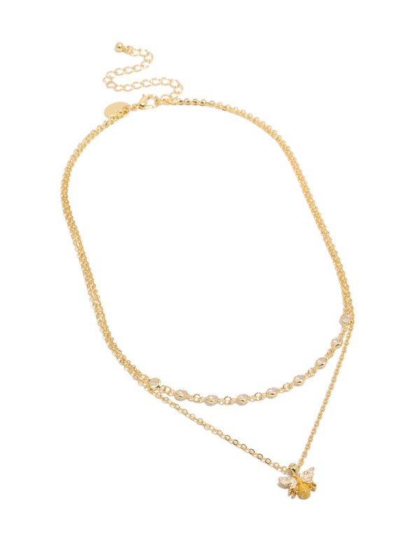 Gold Plated Cubic Zirconia & Enamel Bee Layered Necklace