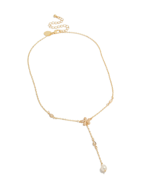 Presenting a gold cubic zirconia freshwater pearl and flowers Y-necklace front view