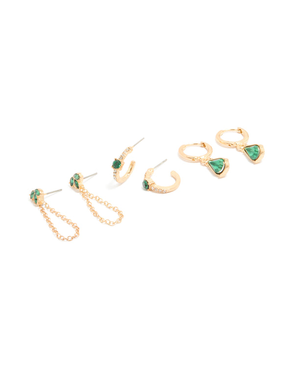 Showcasing gold green diamante chain and huggie earrings in a 3-pack front view