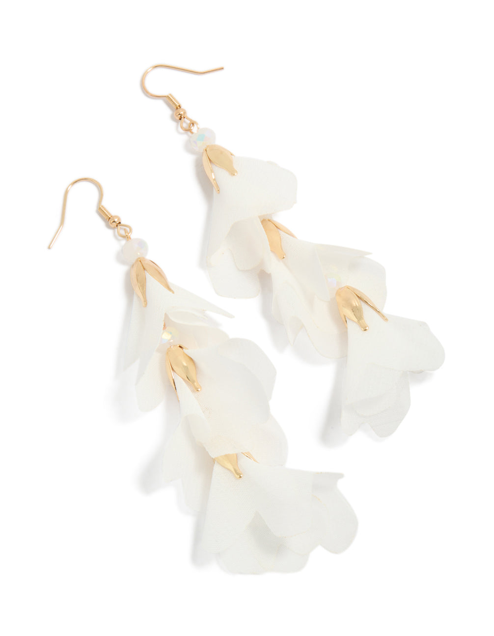 Beautifully crafted gold white floral petal drop earrings front view