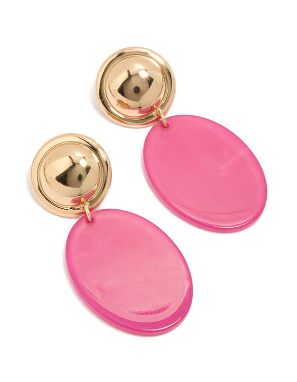 Statement drop earrings featuring oval in hot pink and gold front view