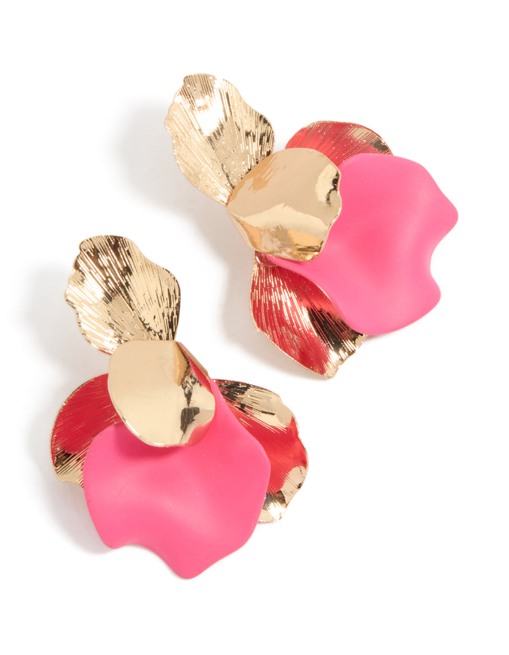 Showcasing statement stud earrings featuring floral design in hot pink and coral with gold accents front view