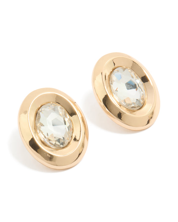 Elegant gold stud earrings featuring round and oval clear diamante stones in a polished setting front view