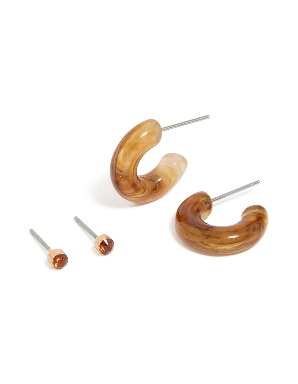 Featuring gold tortoiseshell acrylic hoop and stud earrings in a 2-pack front view