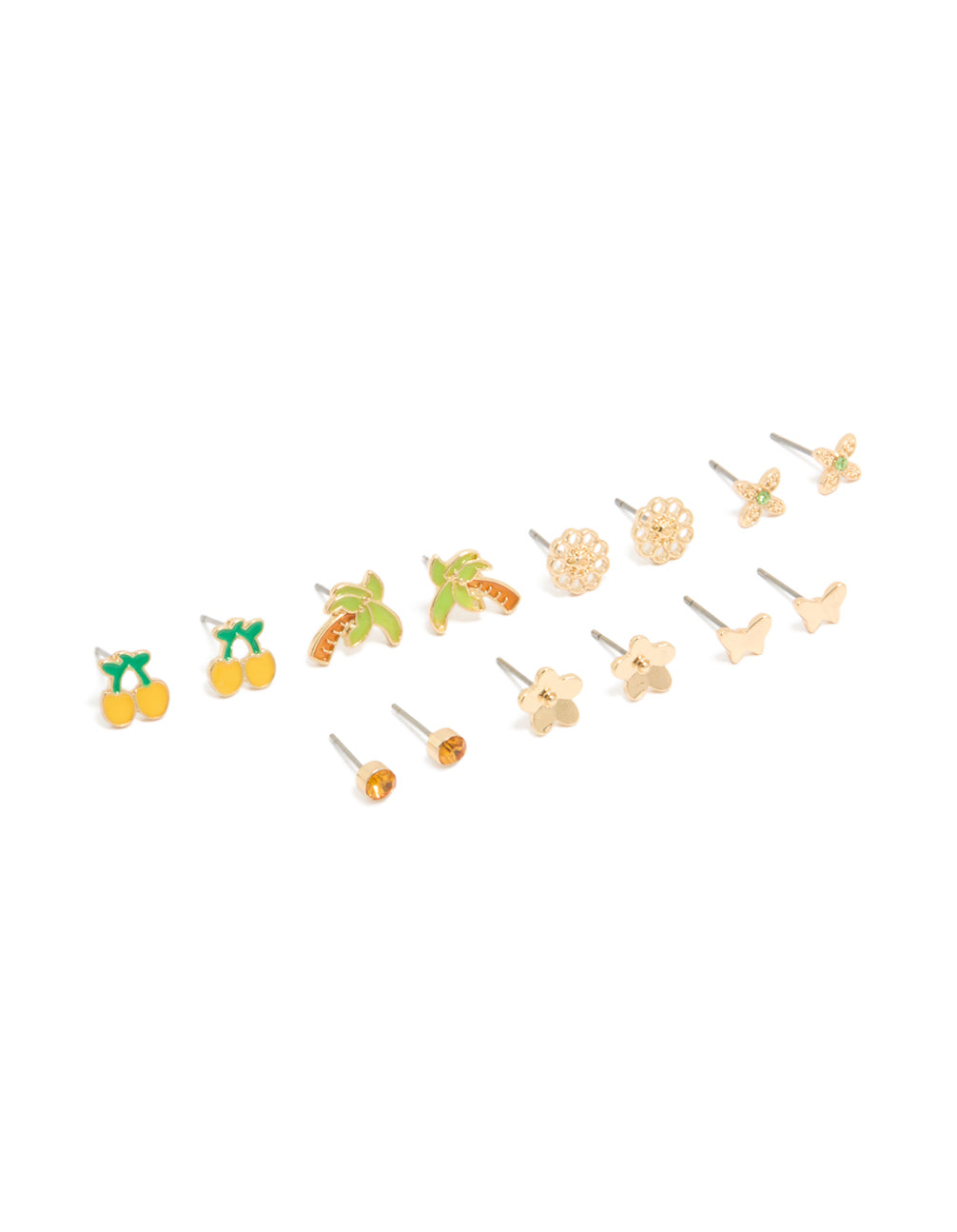Discover gold summer stud earrings in a 7-pack featuring butterfly, floral, fruit, tree designs with stud closure front view