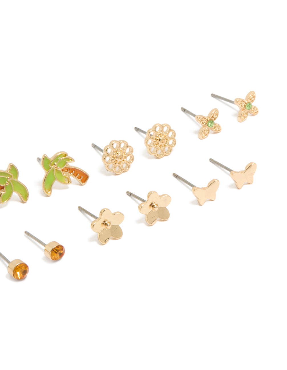 Showcasing gold summer stud earrings in a 7-pack with butterfly, floral, fruit, tree designs with stud closure post detail view