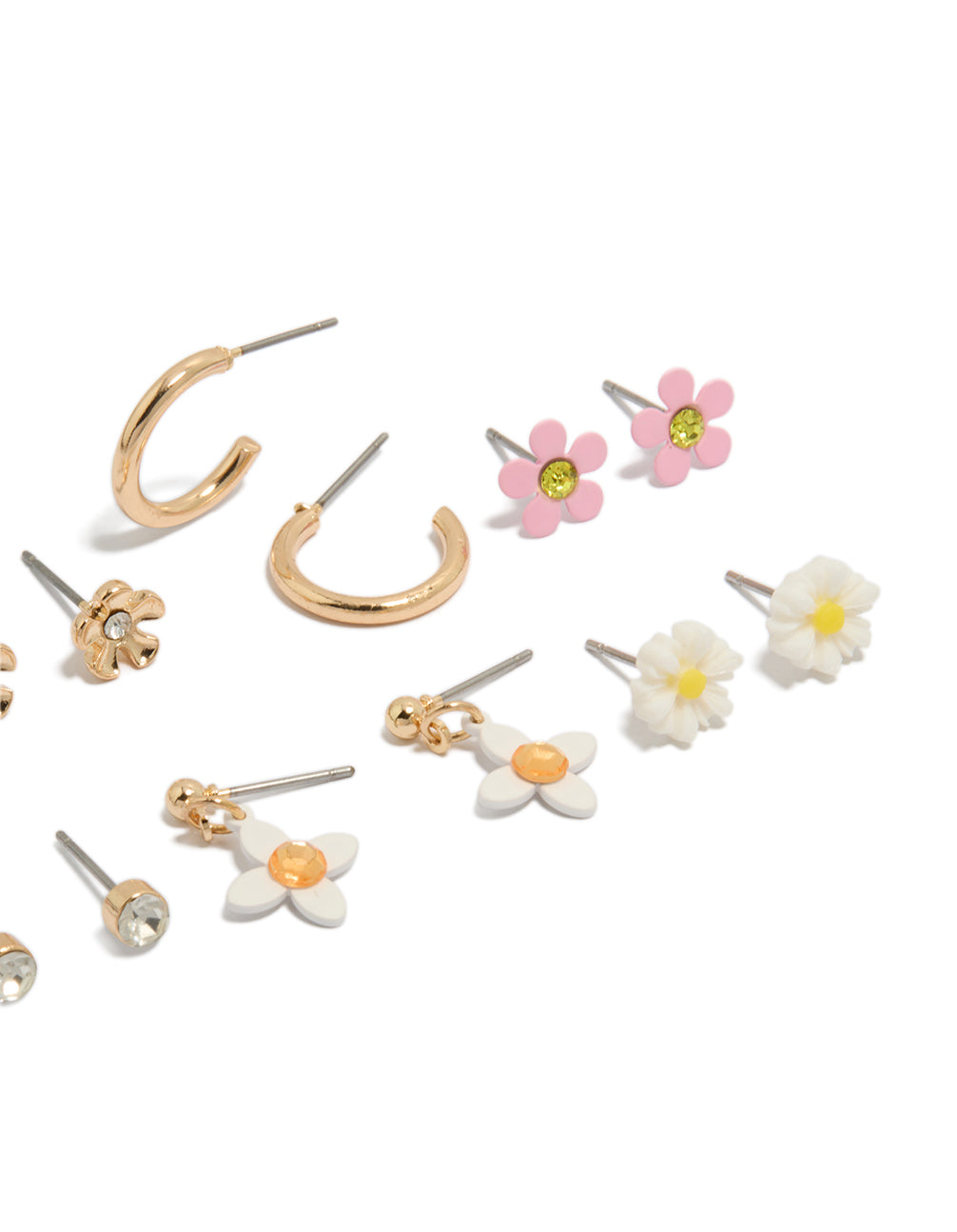 Crafted from gold with diamante and floral stud earrings in an 8-pack showcasing pink, white details close up view