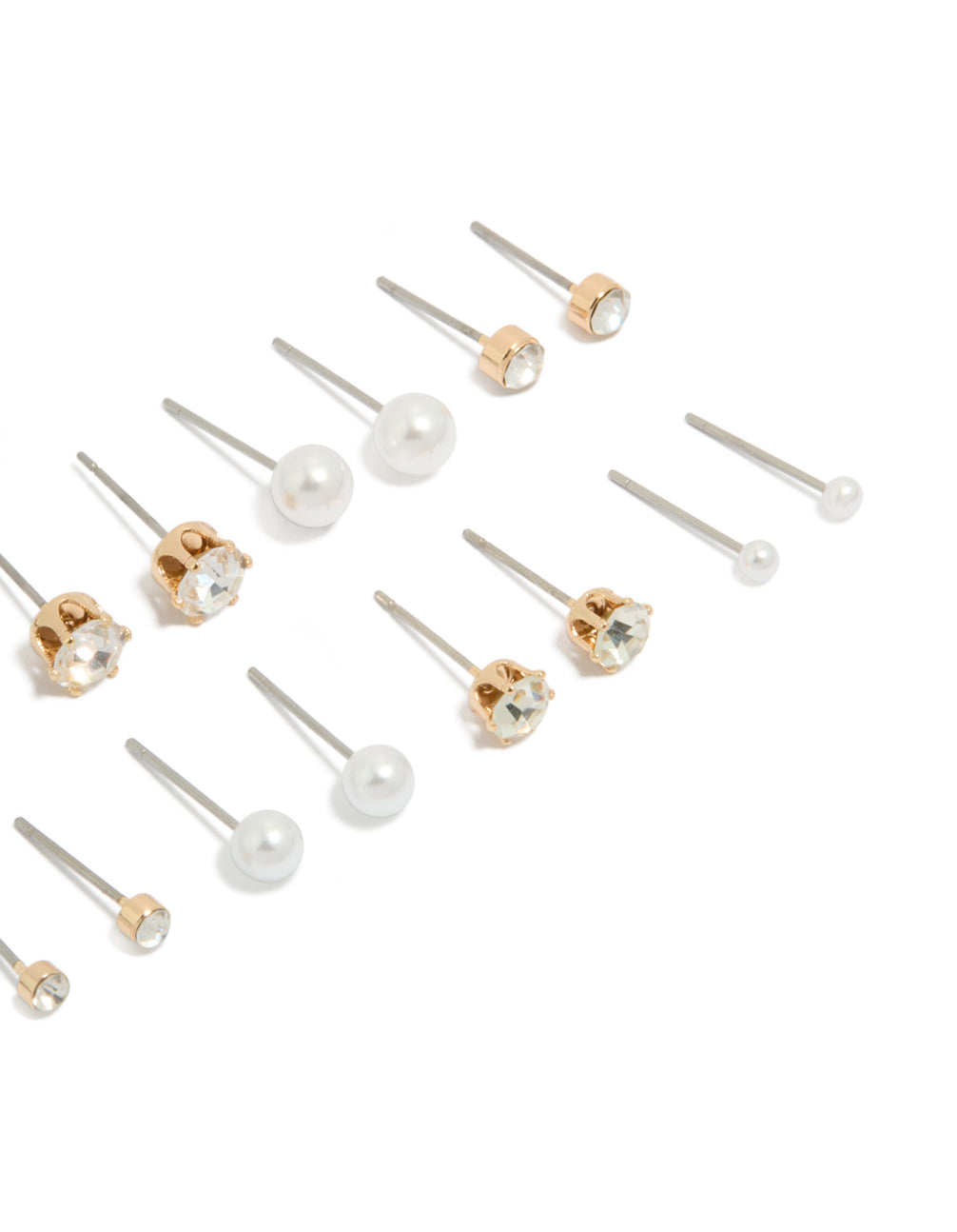 Explore this dainty gold diamante pearl stud earrings 8-pack in clear and silver post detail view