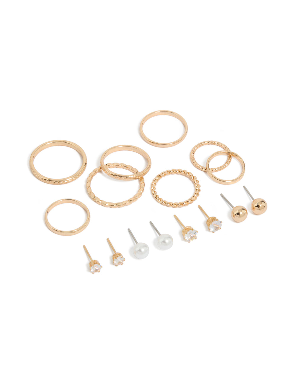 Showcasing dainty stud earrings featuring pearl and ball designs, along with rings in a 12-piece set with a gold finish front view