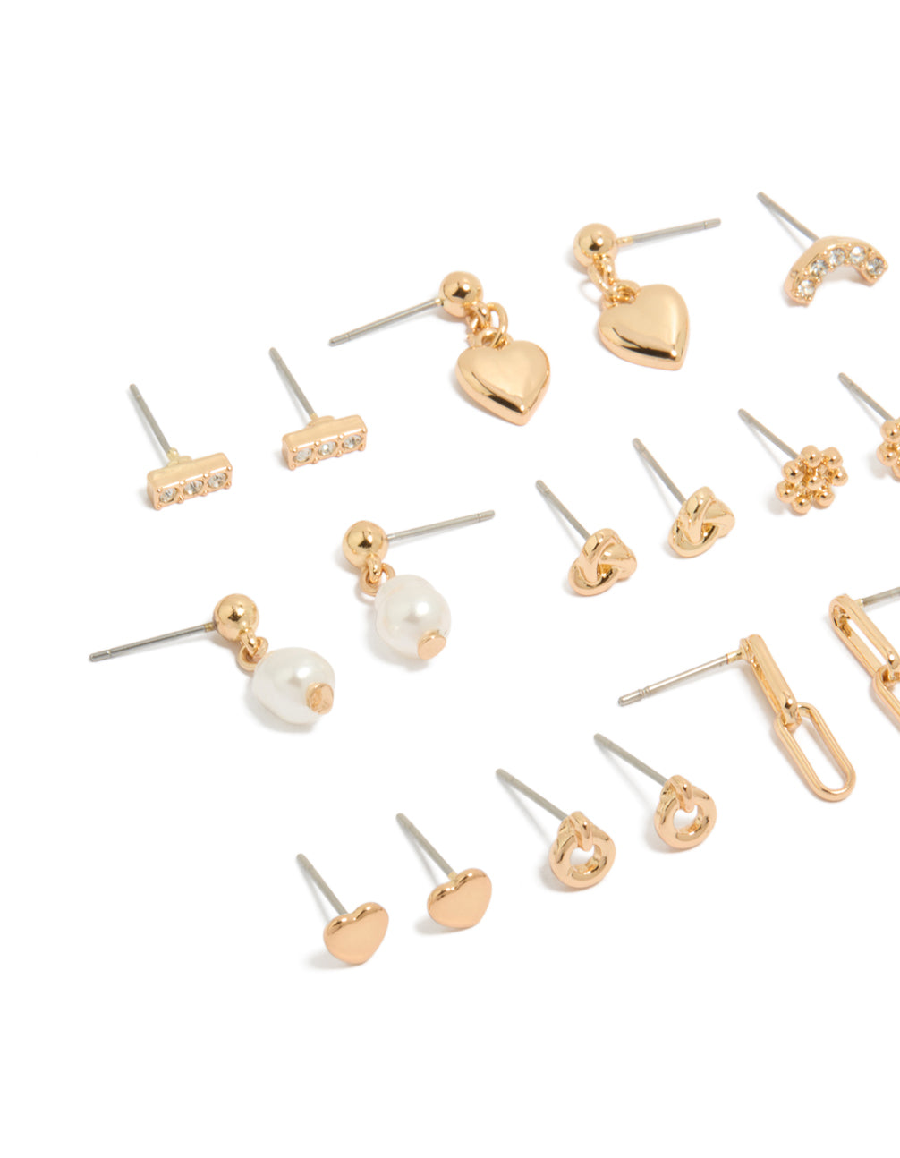 Showcasing gold mixed diamante stud earrings 12 pack with bar,heart, pearl and star designs and stud closure close up view