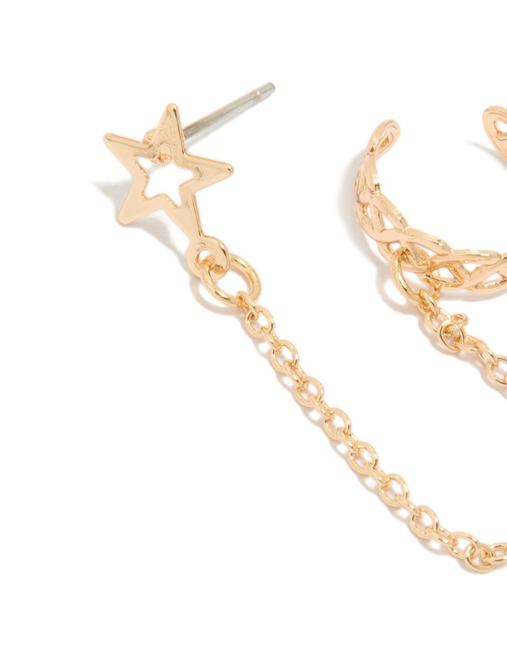 Presenting beautifully crafted Gold Star Link Cuff & Stud Earring with celestial design close up view