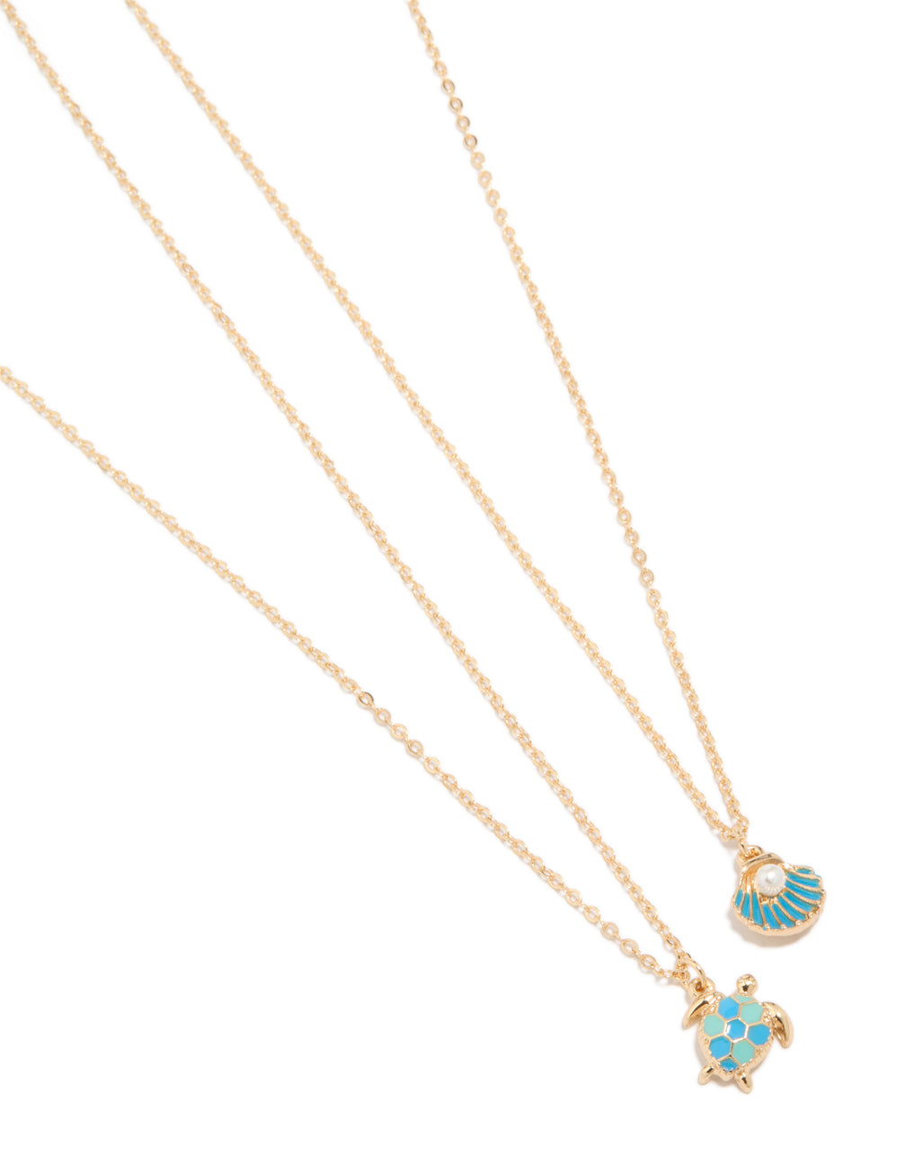Featuring gold turtle and shell necklaces in a 2-pack with ocean-inspired pearl accents close up view