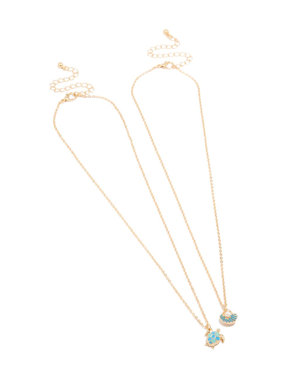 Showcasing gold turtle and shell necklaces in a 2-pack with ocean-inspired pearl accents front view