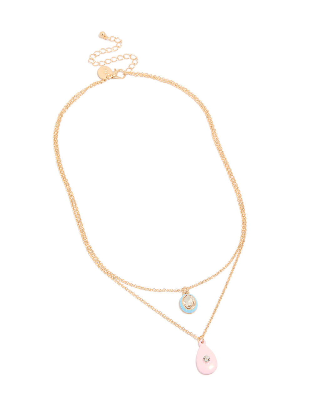 Featuring a gold acrylic and diamante pendant layered necklace front view