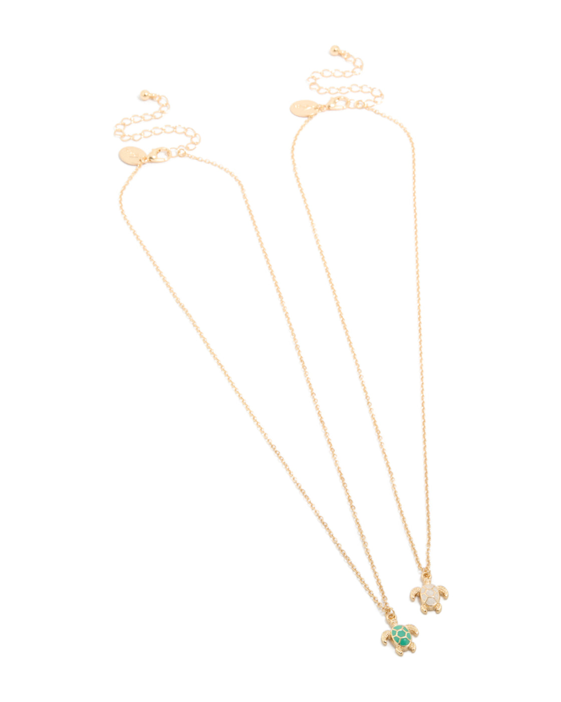 Stunning turtle pendant necklaces in a 2-pack with ocean-inspired details in gold, green, and white front view