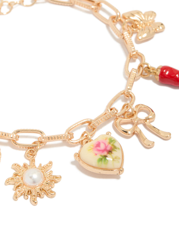 Gold Pearl Heart Charm Bracelet