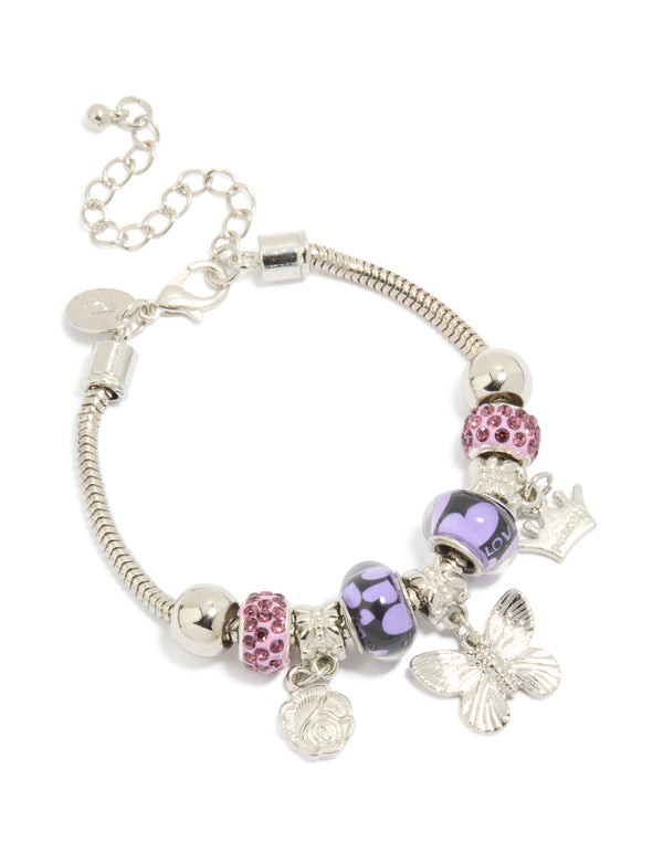 Silver Butterfly & Crown Charm Bracelet