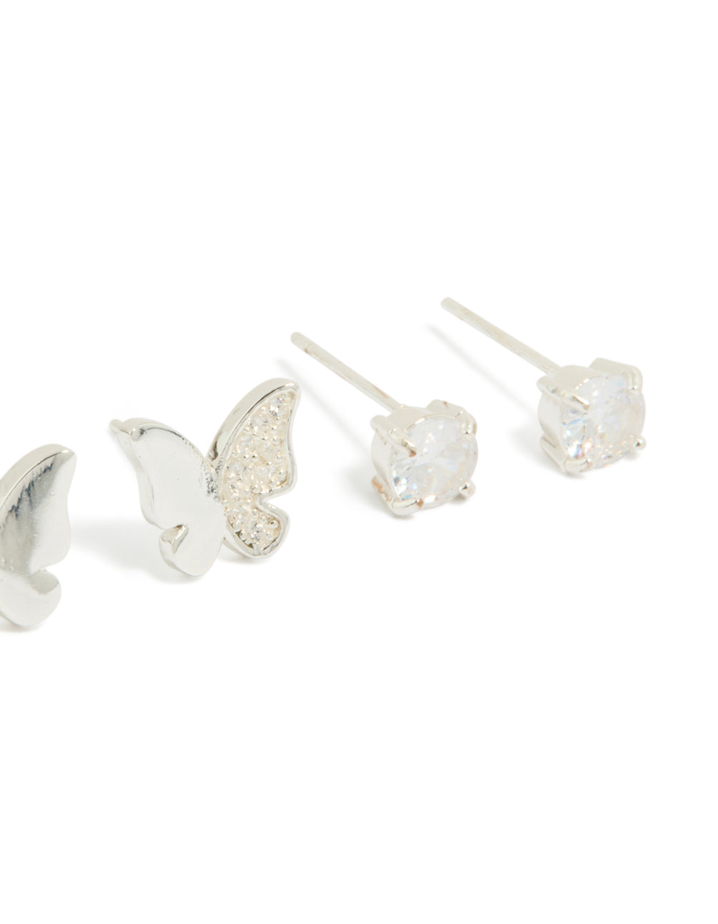 Showcasing stainless steel butterfly stud earrings, detailing cubic zirconia embellishments, waterproof 2-pack in silver and clear close up view