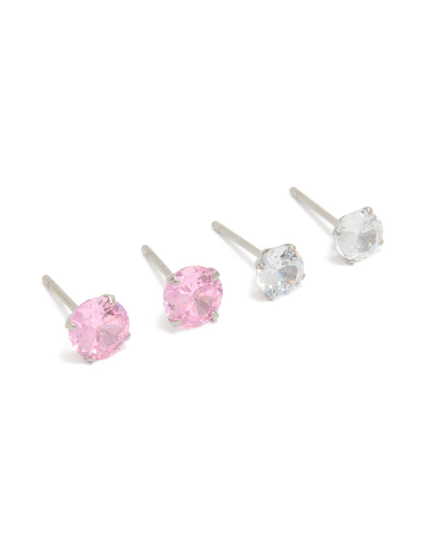 Featuring waterproof gold plated stainless steel stud earrings with round cut cubic zirconia crystals in light pink and clear front view