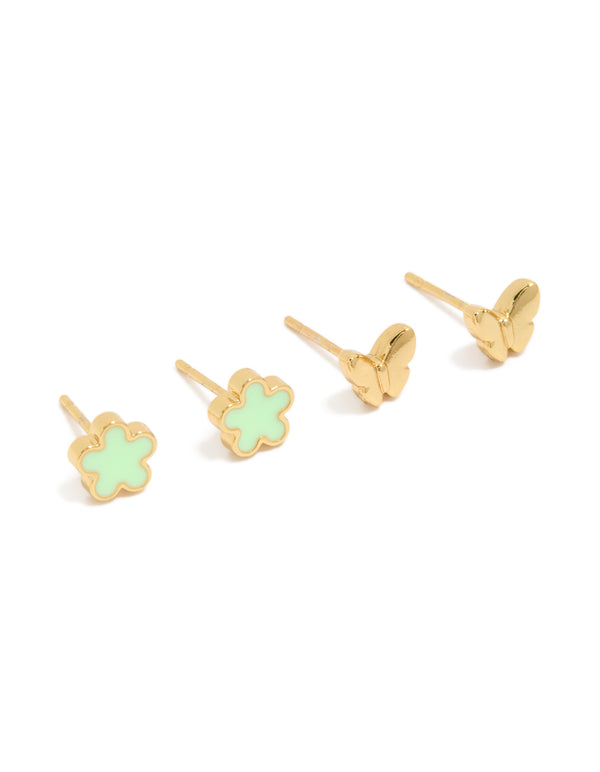 Introducing stud butterfly and floral waterproof gold plated stainless steel earrings pack front view